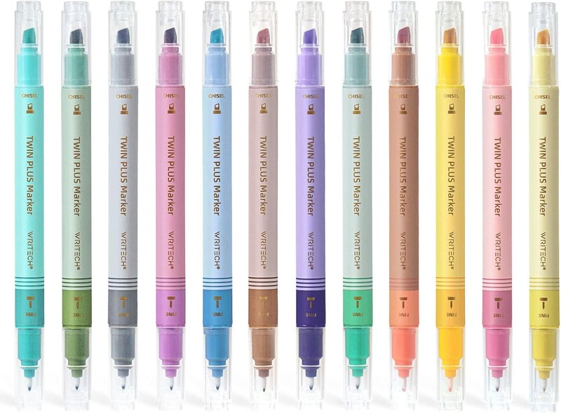 WRITECH Dual Tip Highlighter Markers: Aesthetic Fine & Chisel Tip Pastel Vintage Marker Multicolor Pens Pack No Bleed & Smear for Bible Highlighting Journaling, Assorted Colors 12ct - Image 1